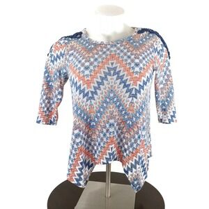 Women's Plus Younique Blue and White Tunic 3/4 Sleeve Lace Shoulders Size 1X